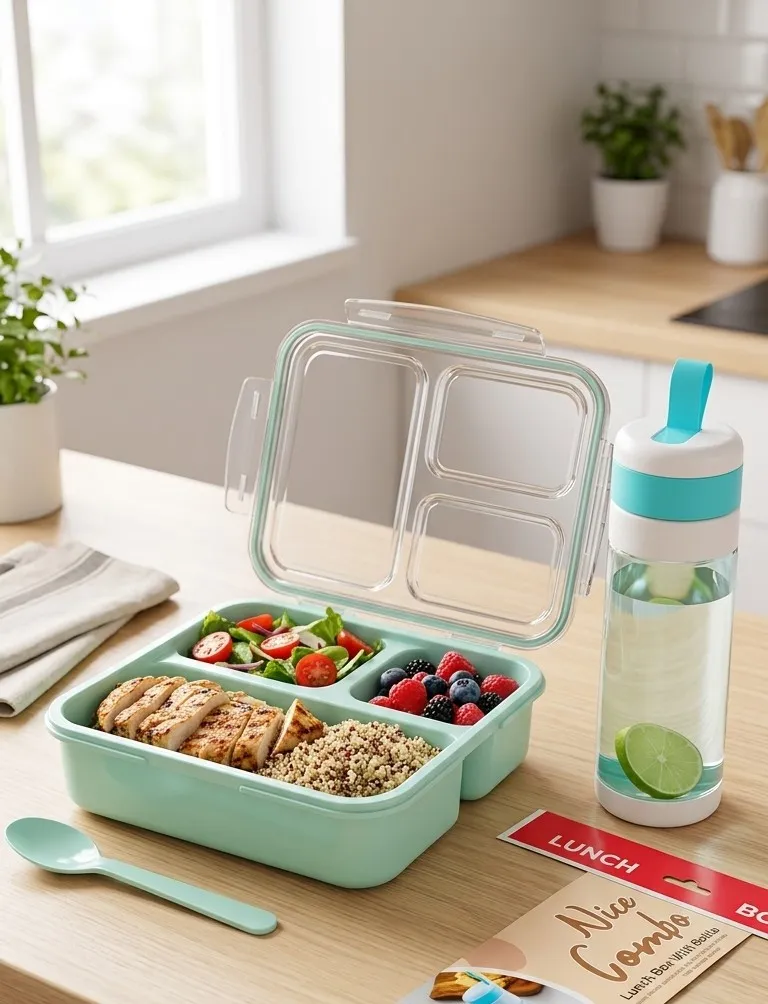 Lunch Box 3 Pieces with Spoon and Water Bottle 