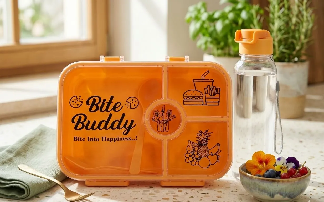 Bite Buddy Lunch Box 4 Pieces with Spoon, Fork and Water Bottle 