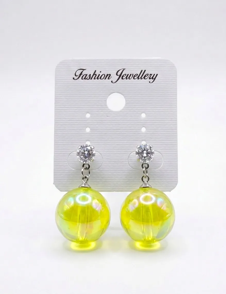 Trendy Neon Yellow Glass Ball Drop Earrings for Women & Girls