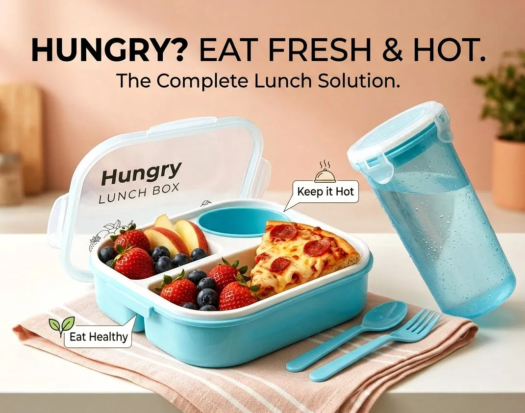 Hungry Lunch Box with Water Bottle & Spoon, Fork