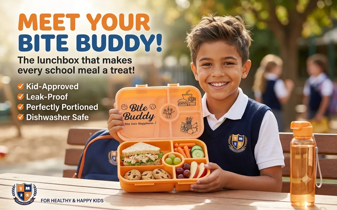 Bite Buddy Lunch Box 4 Pieces with Spoon, Fork and Water Bottle 