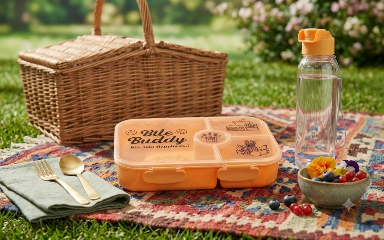 Bite Buddy Lunch Box 4 Pieces with Spoon, Fork and Water Bottle 